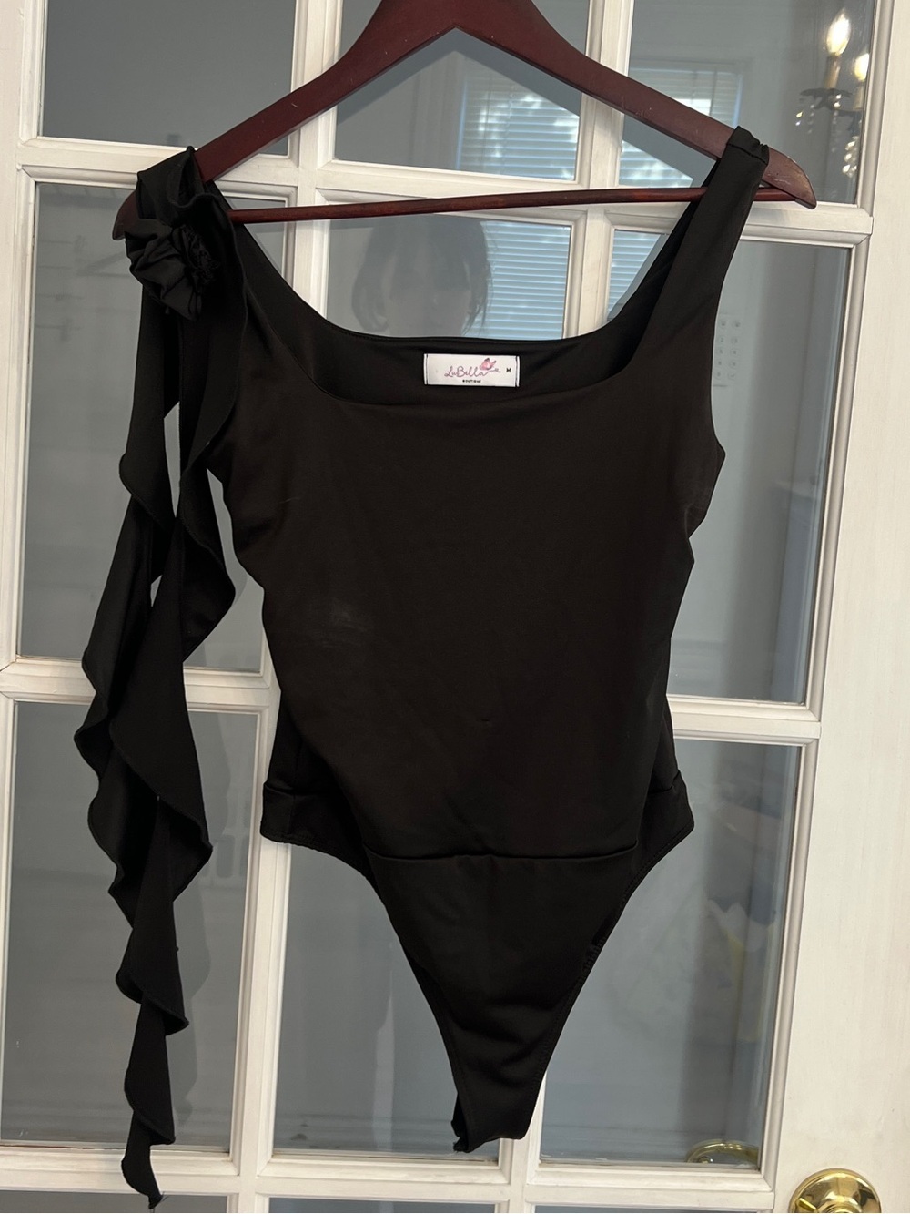 Women's Black Square Neck Sleeveless Ruffle Detail Bodysuit Size M